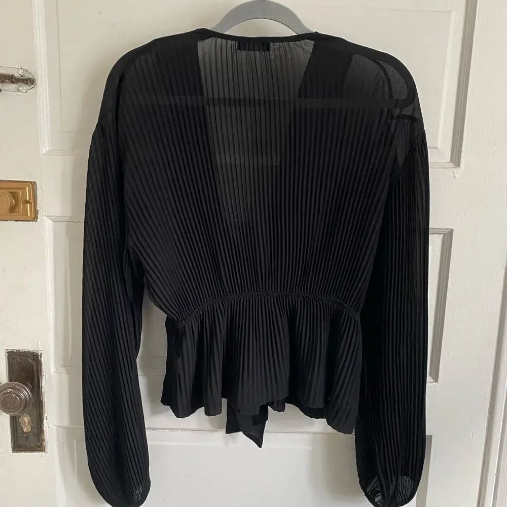 PrettyLittleThing Black Sheer Ruffle Top Size Medium Feminine Going Out Blouse - Picture 2 of 7